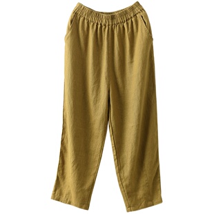 素色酵洗420克敦厚亚麻休闲裤女松紧腰百搭纯色宽松直筒裤显瘦