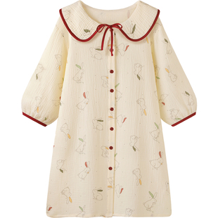 「甜心小兔」绝美纯棉纱布睡衣女款新款夏春秋新款长袖家居服睡裙