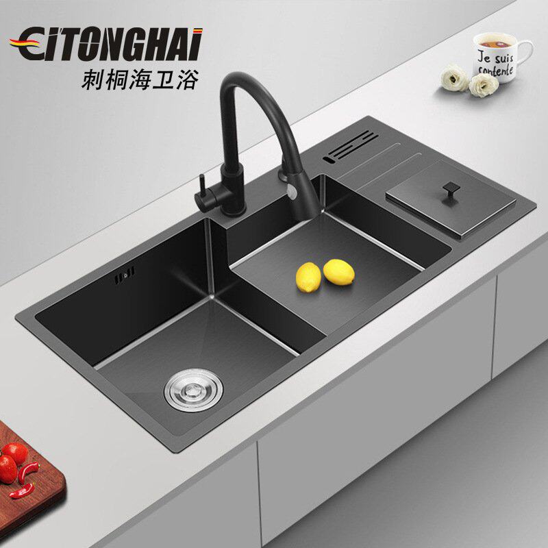 厨房水槽带垃圾桶抽拉龙头黑色不锈钢一体大单槽阶梯式洗菜盆水池,家装主材,水槽单品,淘宝优惠券,粉丝福利购,淘宝优惠卷