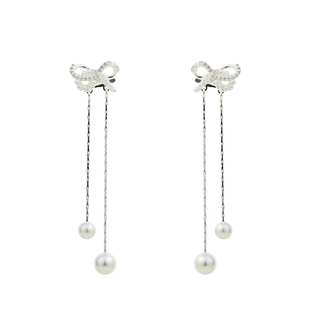 「花团锦簇」珍珠蝴蝶结流苏耳环蚊香盘耳夹耳饰方圆脸适合耳钉银