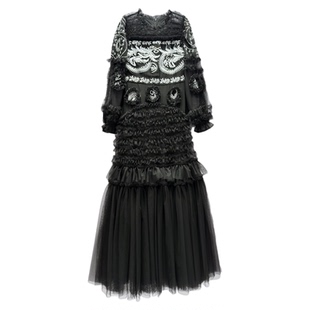 重工刺绣长袖连衣裙仙女黑色约会平时日常可穿小晚礼服法式大摆裙