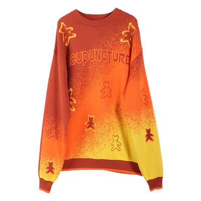 ACUPUNCTURE爱克佩特【宽松版】宽阳光橘小熊图案针织长袖毛衫