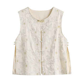 新中式圆领盘扣缎面提花重工刺绣马甲女改良民族风马夹2026春新款