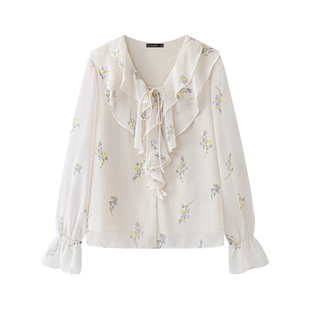 拉夏贝尔/La Chapelle春季新款荷叶边系带高级感花朵刺绣衬衫上衣