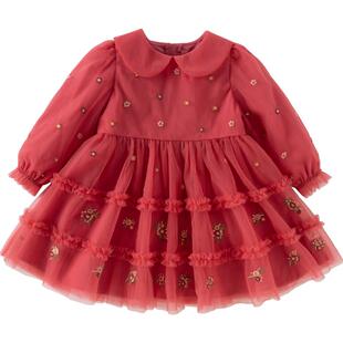 戴维贝拉儿童裙子2026春装新款女童宝宝新年红色连衣裙网纱公主裙