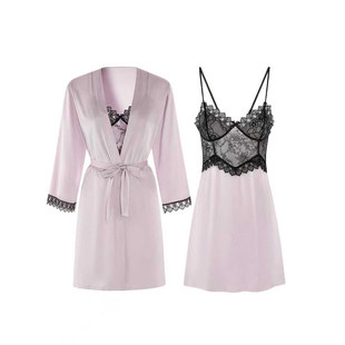 纯欲蕾丝性感真丝睡衣女秋冬睡袍吊带睡裙带胸垫家居服外穿两件套