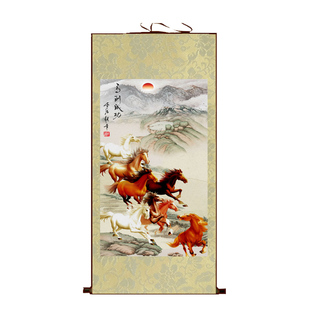 八骏图挂画马到成功丝绸卷轴画国画年画玄关风水画办公客厅礼品竖