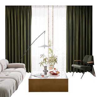 美式复古橄榄绿窗帘遮光2025新款客厅轻奢现代法式丝绒布绍兴柯桥