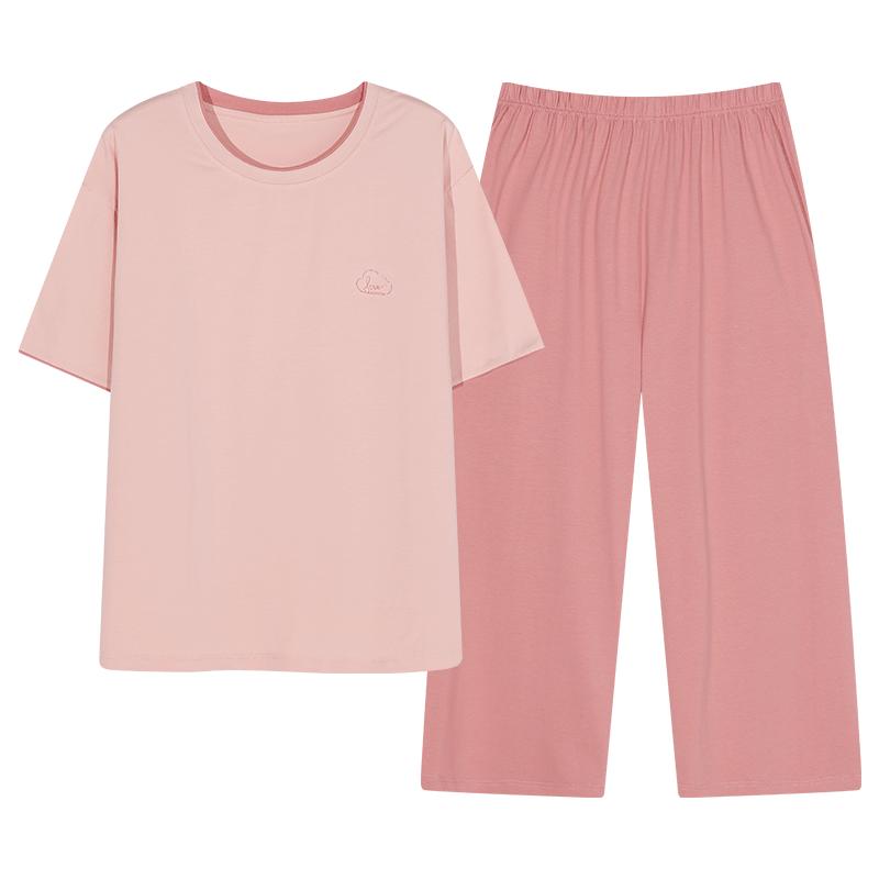 2025新款短袖薄款全棉睡衣七分裤夏季款带胸垫女生纯棉家居服套装