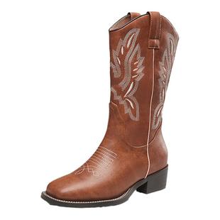 康奈女鞋西部牛仔靴秋冬季刺绣中筒骑士靴V口显瘦长筒靴