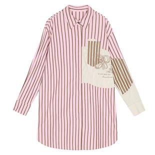 谜底粉色条纹衬衫裙2025春季新品复古文艺绣花H型连衣裙251ML0114