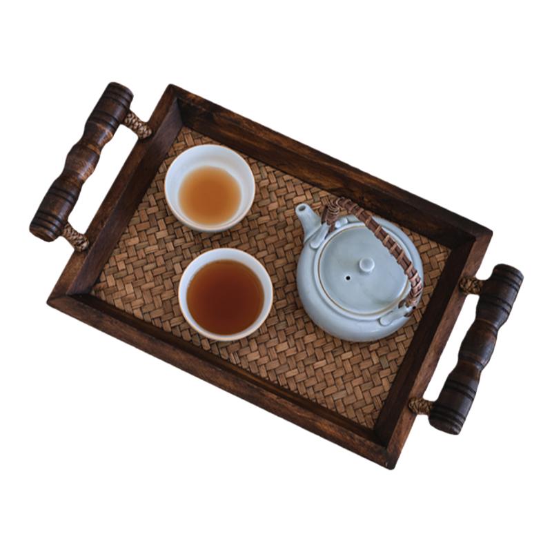 ZT北欧复古日式木制竹编点心早餐大托盘双耳长方形平盘水果盘茶盘