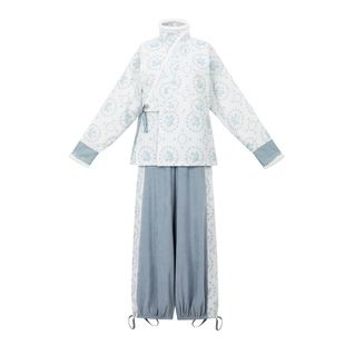 花朝记|雪豹|晋制汉服元素曲领袄灯笼裤厚绒外套蓝色休闲日常冬