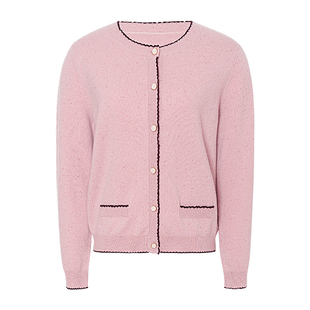 JESSIE2025年秋季新款小香风圆领绵羊毛衫女长袖撞色镶边粉色开衫