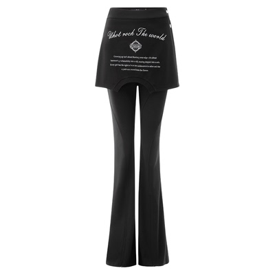 黑色真两件喇叭裙裤配围腰