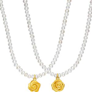 周六福精品足金淡水珍珠链坠黄金镶嵌玫瑰花黄金项链官方旗舰店