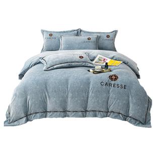 A类牛奶绒四件套冬季加厚保暖珊瑚绒被套床单床上用品刺绣四件套