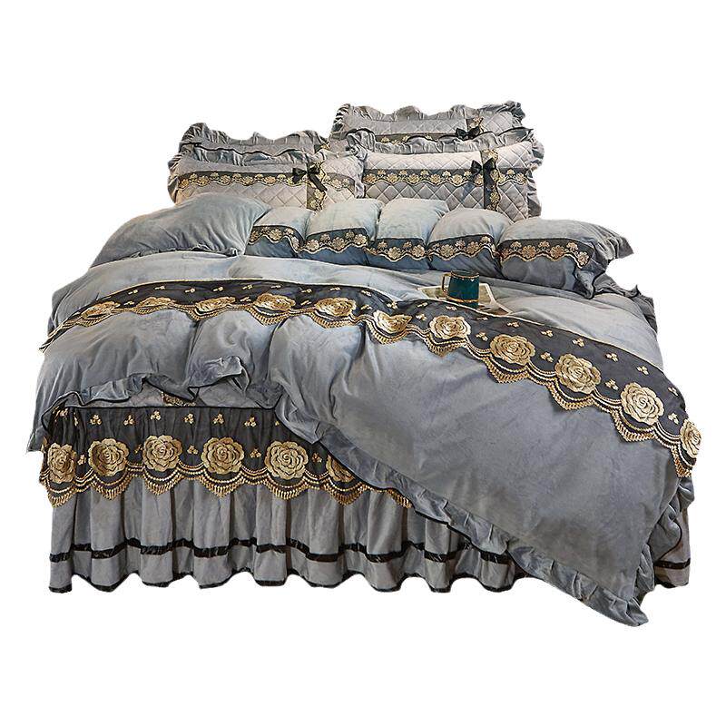 超柔加厚水晶绒床裙四件套夹棉床罩式4件套床上被套保暖1.8m2米冬
