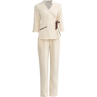 美容院工作服秋冬月子会所技师专业气质新款短袖黑色杏色修身套装