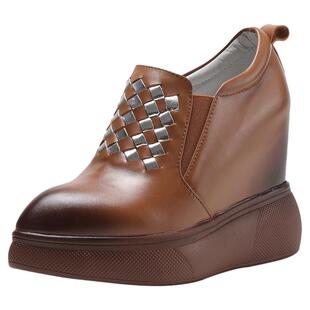 真皮棕色12CM内增高女鞋一脚蹬尖头单鞋女春擦色复古厚底松糕鞋