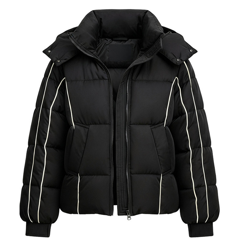SOMSOM/索玛冬季新品黑色绗缝立领连帽白条纹装饰短款面包羽绒服