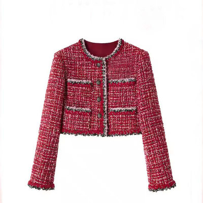小香风圣诞红粗花呢短外套女