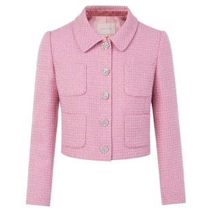 LIME莱茵年早春新款粗花呢短截上衣亮粉色翻领小香风优雅短外套