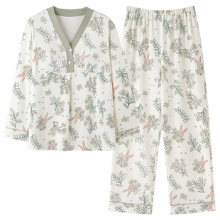 都市丽人纯棉月子服7A抗菌孕妇哺乳睡衣女夏季带胸垫家居服可外穿