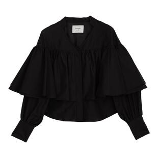 AMERI秋季新款上衣 日系宽松纯色宽大荷叶V领衬衫01320420160