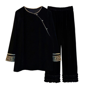 新中式国风特大码女装2026春季新款高级感丝绒马甲裤子胖mm三件套