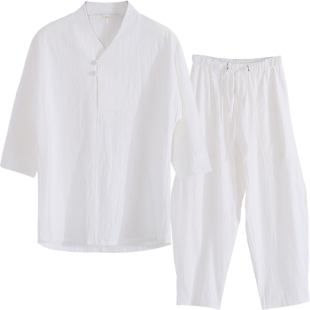 夏季棉麻复古连肩七分短袖国风汉服新中式唐装男女居士茶禅道汗衫