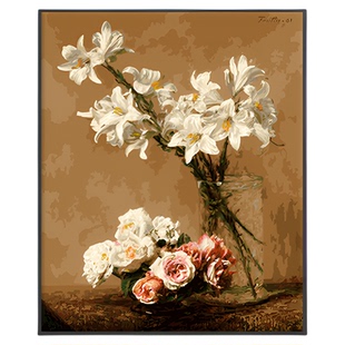 自油自画 数字油画diy手绘手工填充填色减压花卉油彩画玫瑰与百合