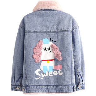 小虎帕蒂秋冬装女童卡通小狗加绒牛仔外套中大童纯棉百搭上衣夹克