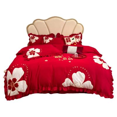 高档中式婚庆四件套全棉大红喜被纯棉刺绣新婚陪嫁礼床单床上用品