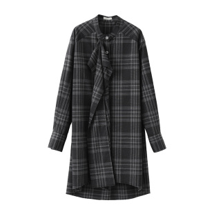 CHENXIAN辰现解构设计感格子飘带叠穿衬衫裙子长袖连衣裙通勤女春