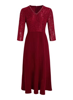 黛玛诗秋冬新款酒红色婚礼宴会妈妈装礼服连衣裙女正式场合