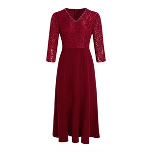 黛玛诗2025冬新款酒红色婚礼宴会妈妈装礼服高贵连衣裙女正式场合