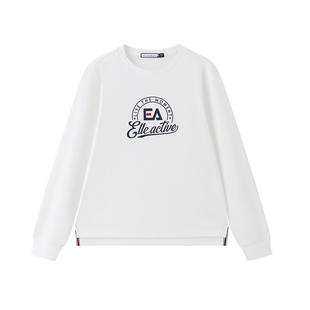 ELLE Active户外穿搭运动风上衣质感印花圆领长袖t恤女白色套头衫