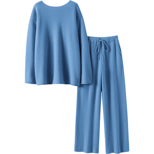 启超她就是美~空气羊绒衫女纯羊绒毛衣小一字领上衣9分阔腿裤套装