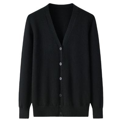 100%山羊绒V领黑色女开衫显瘦薄