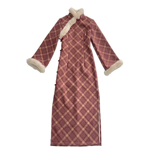 冬来意冬季旗袍新中式2024新款改良加绒加厚保暖格子酒红色女毛领