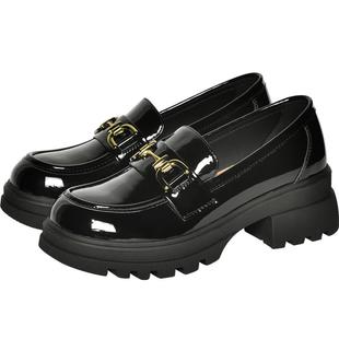 reemoor漆皮小皮鞋英伦风百搭乐福鞋马衔扣厚底中跟女鞋黑色睿慕