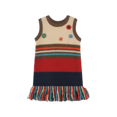 小女孩秋冬条纹拼接流苏连衣裙