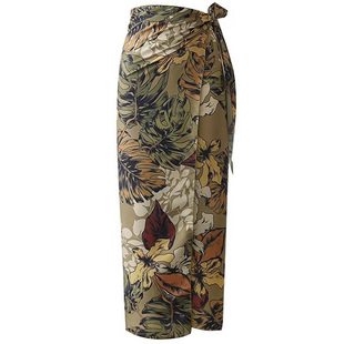 法式异域风情印花裹身包臀女裙~度假风整片式包裹侧边系带半身裙