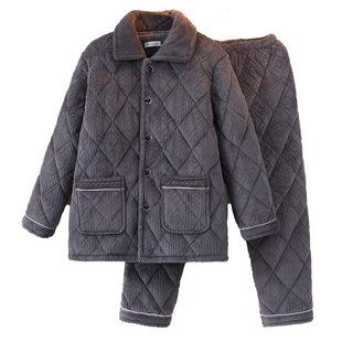 冬季男士睡衣保暖加厚加绒三层夹棉套装爸爸中老年珊瑚绒家居服