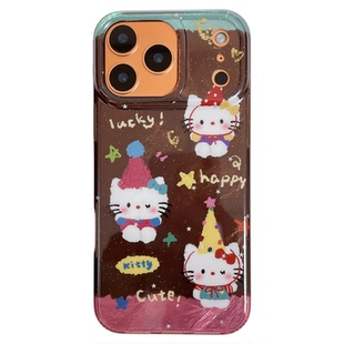 北比复古棕色拼接锡纸纹猫咪适用iphone17promax手机壳苹果16新款15pm高级感17少女14卡通可爱13日韩风16全包