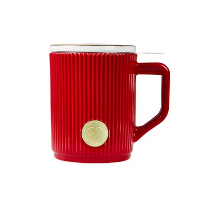 COSTA复古红马克杯杯子 陶瓷带盖水杯女男办公室茶杯茶水分离茶杯