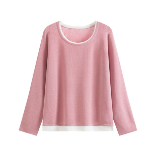 2026春季新款大码女装圆领假两件上衣胖mm宽松撞色显瘦针织衫通勤