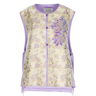 名家钱小萍带钢印宋锦马甲花木深圆领对襟珠绣背心女新款真丝马夹