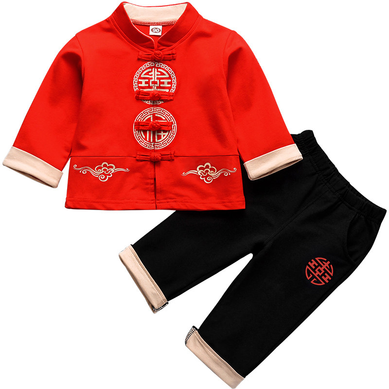 国风红色男宝宝衣服一周岁礼服男孩百天抓周套装秋男童唐装生日宴